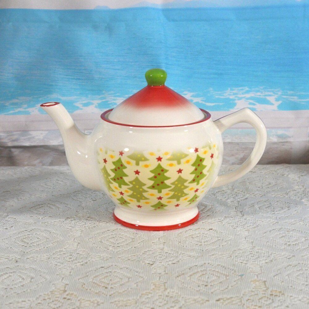 Harry & David Vintage Teapot Christmas Trees Holiday Decoration Red Trim